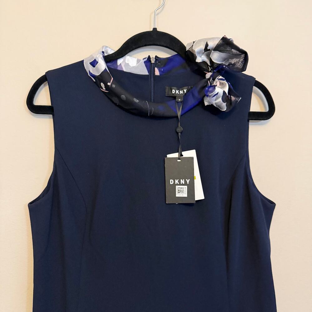 DKNY Shift Dress 14 Blue Scarf Sleeveless Party Career Sophisticated Office NWT - Picture 3 of 6